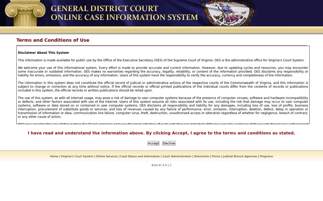 Louisa County warrant search starting with the Virginia court case-information landing page