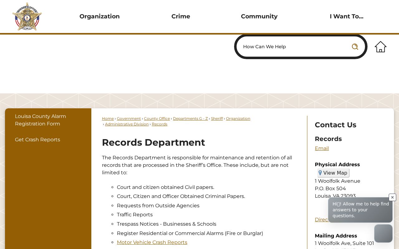 Louisa County active warrant records request route at the Sheriff Records counter